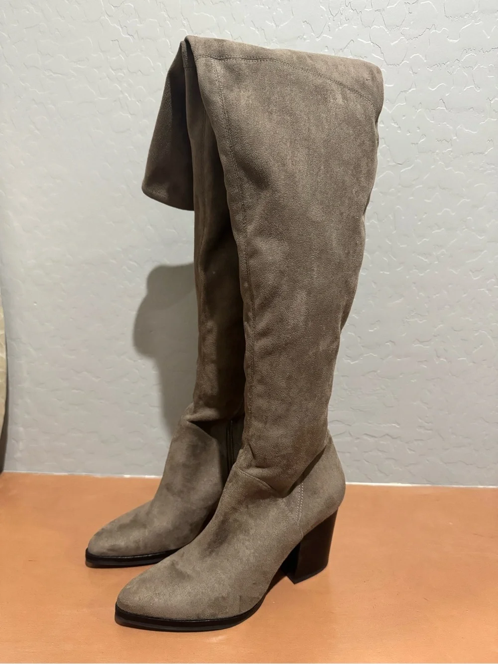 Marc Fisher Thigh High Suede Block Heel Boots in Taupe